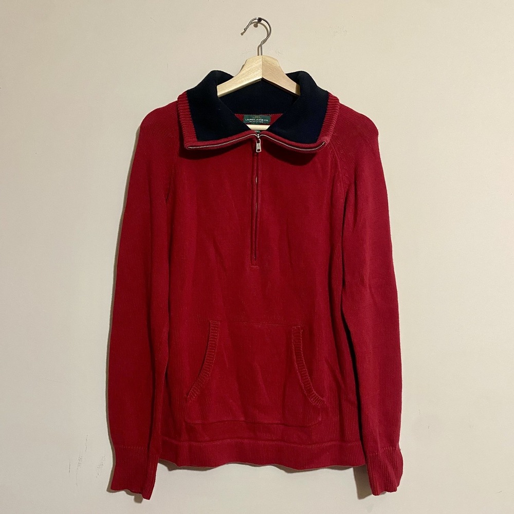 LRL Ralph Lauren Jeans Co 3/4 Zip Red Pullover Cotton Sweater Sz XL Athleisure - Picture 1 of 6